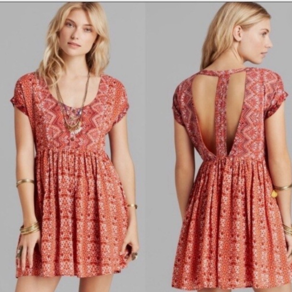 Free People Sundown Orange Geometric Print Babydoll Dress